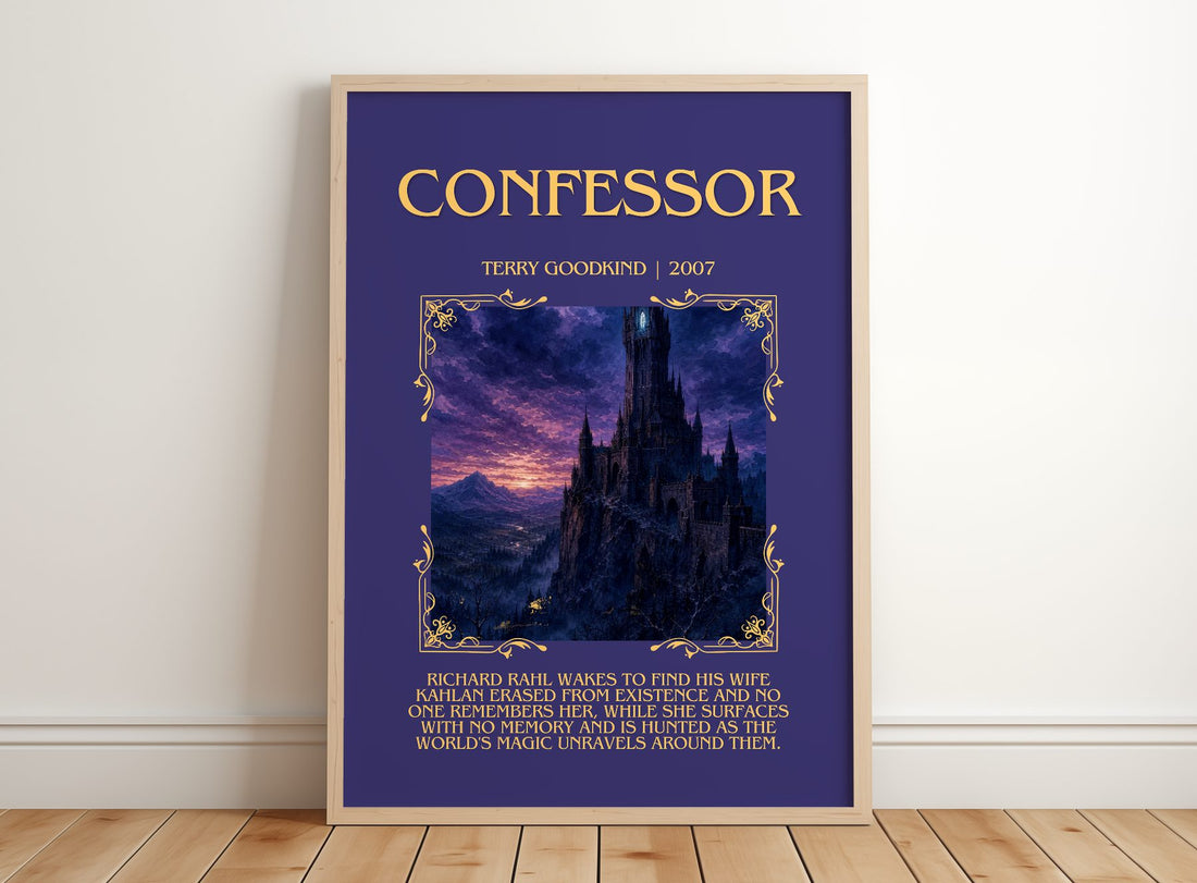 Confessor Minimalist Book Poster by Terry Goodkind – framed print leaning on a wooden floor