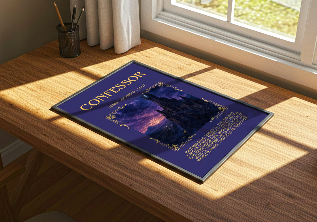 Confessor Minimalist Book Poster by Terry Goodkind – print on a sunlit desk