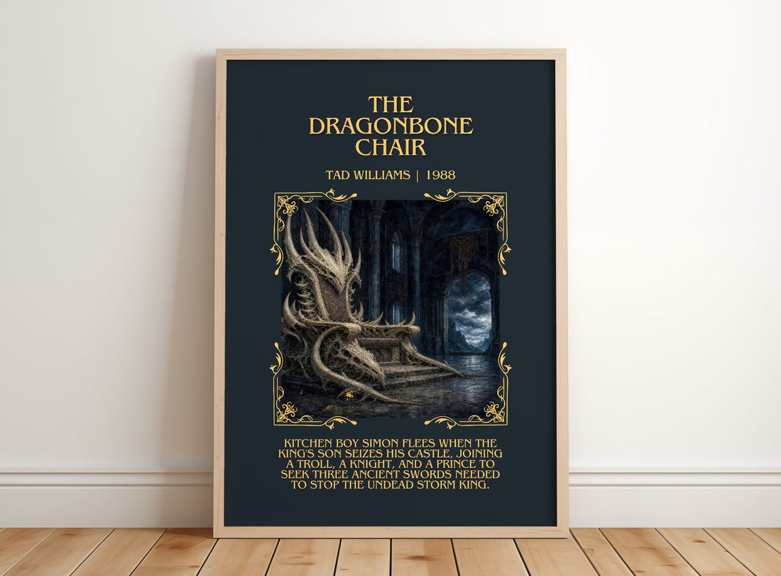 The Dragonbone Chair Minimalist Book Poster by Tad Williams – framed print leaning on a wooden floor