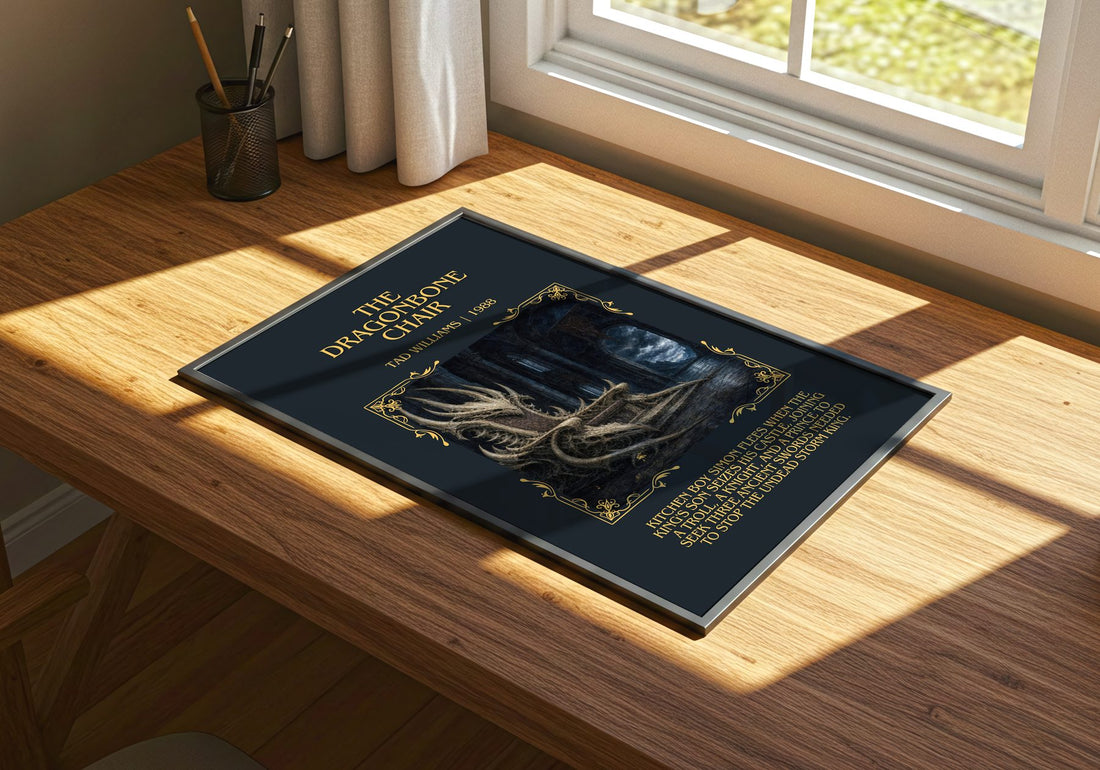 The Dragonbone Chair Minimalist Book Poster by Tad Williams – print on a sunlit desk