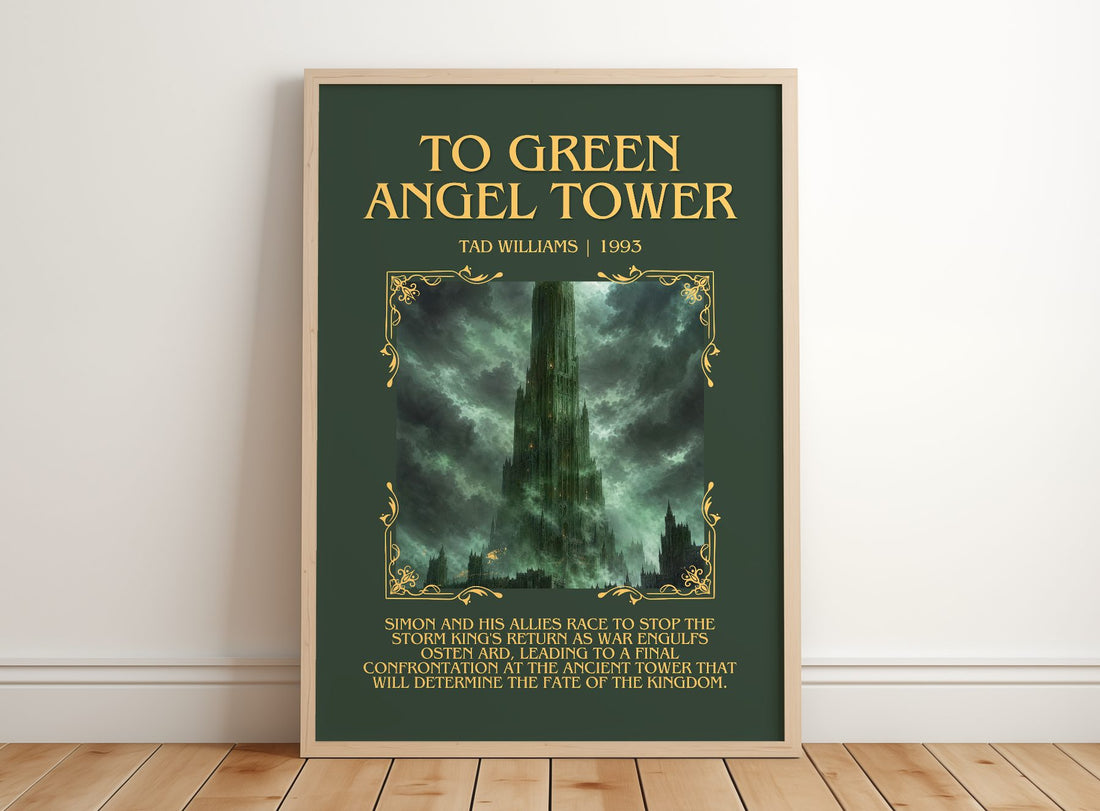 To Green Angel Tower Minimalist Book Poster by Tad Williams – framed print leaning on a wooden floor