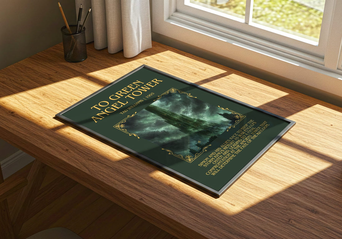 To Green Angel Tower Minimalist Book Poster by Tad Williams – print on a sunlit desk