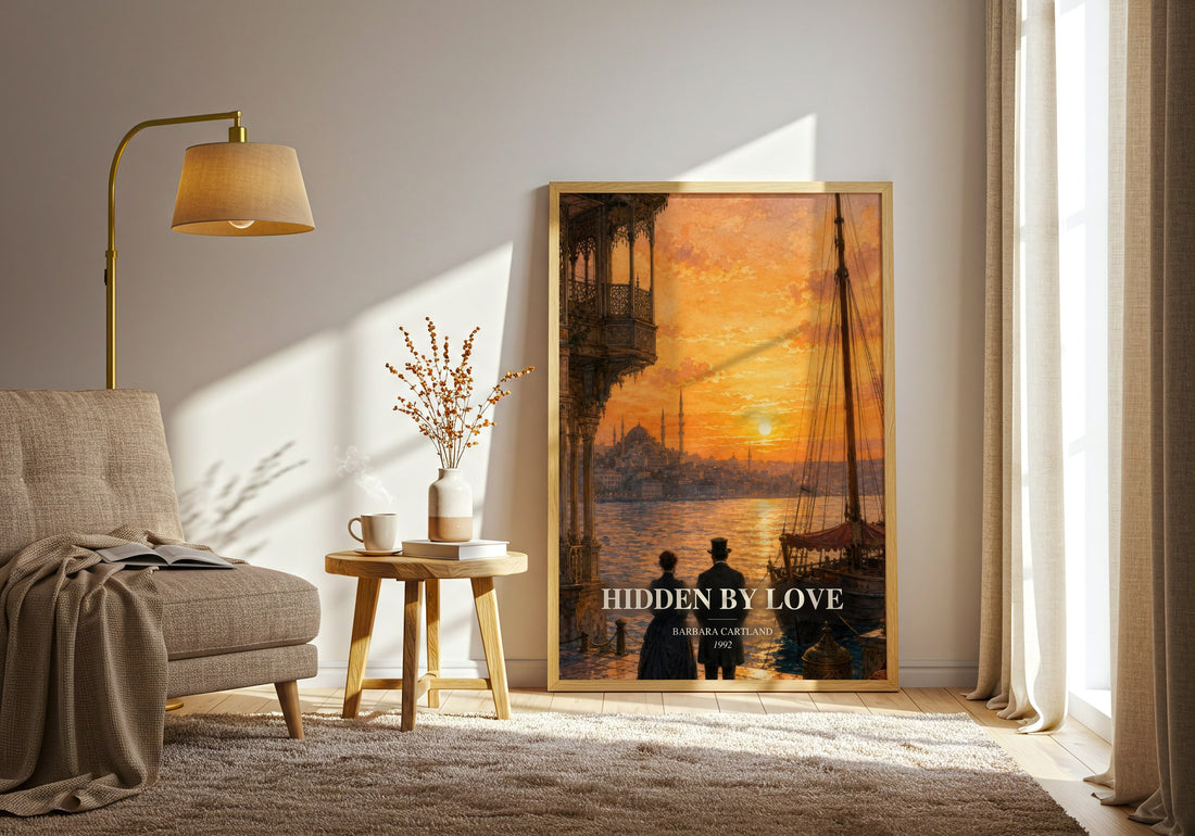 Hidden By Love watercolour print in frame leaning in hallway – romance wall art (mockup)