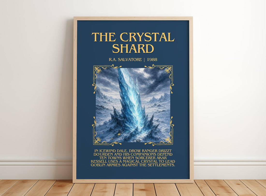 The Crystal Shard Minimalist Book Poster by R.A. Salvatore – framed print leaning on a wooden floor
