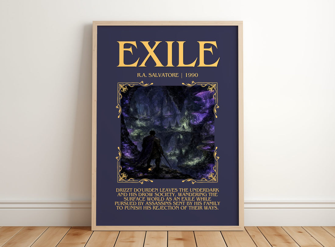 Exile Minimalist Book Poster by R.A. Salvatore – framed print leaning on a wooden floor