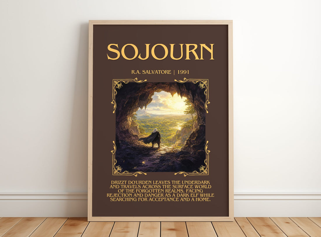Sojourn Minimalist Book Poster by R.A. Salvatore – framed print leaning on a wooden floor