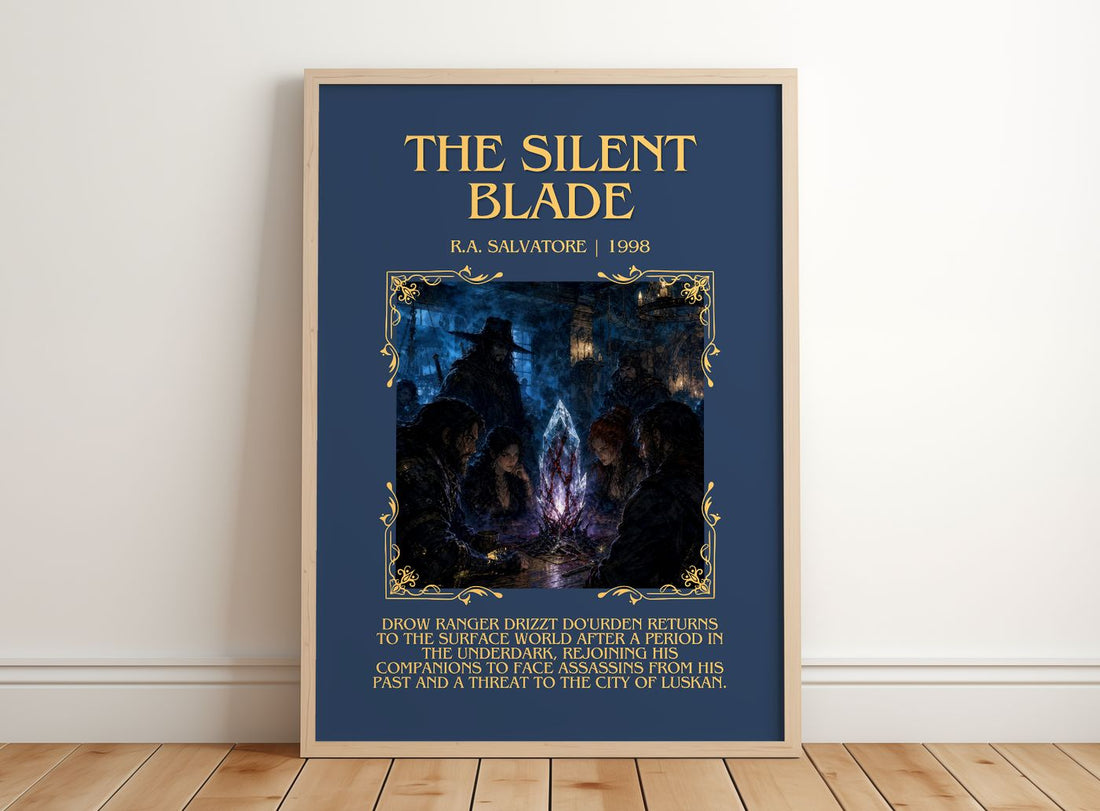 The Silent Blade Minimalist Book Poster by R.A. Salvatore – framed print leaning on a wooden floor