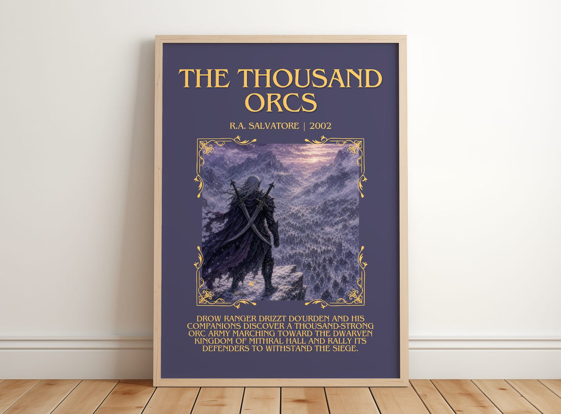 The Thousand Orcs Minimalist Book Poster by R.A. Salvatore – framed print leaning on a wooden floor