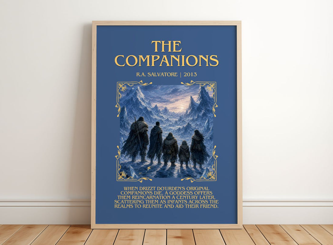 The Companions Minimalist Book Poster by R.A. Salvatore – framed print leaning on a wooden floor