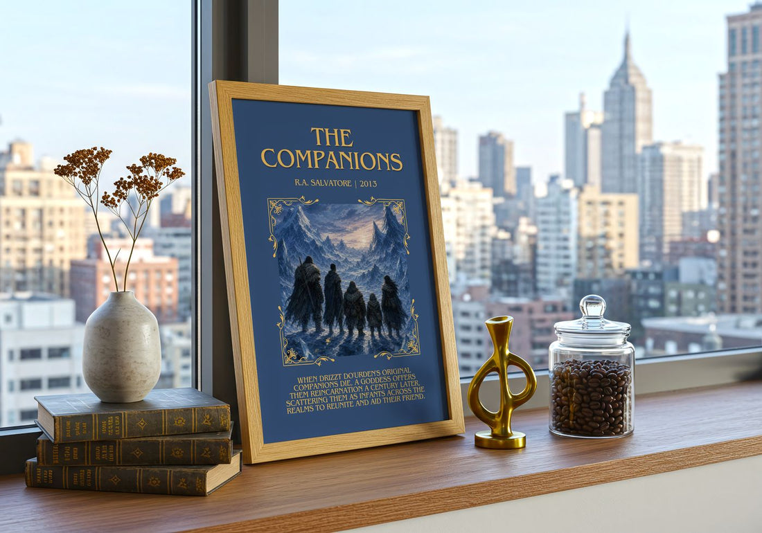 The Companions Minimalist Book Poster by R.A. Salvatore – framed print on a city-view windowsill