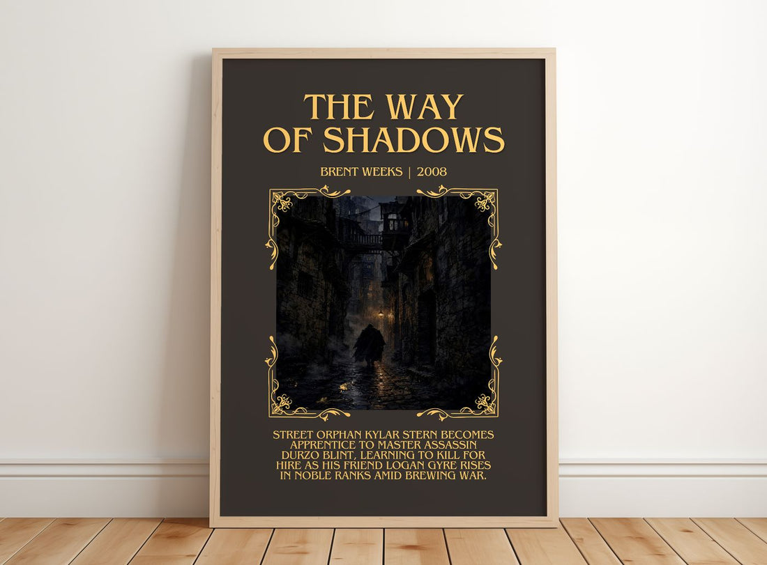 The Way of Shadows Minimalist Book Poster by Brent Weeks – framed print leaning on a wooden floor