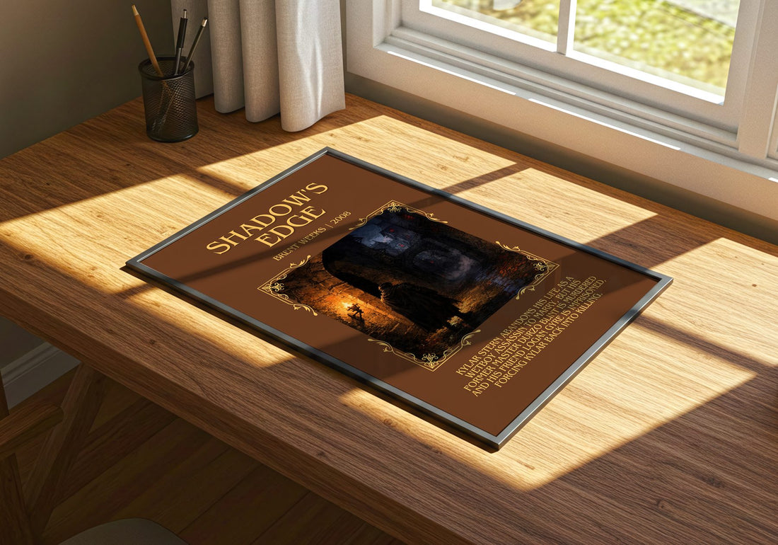 Shadow's Edge Minimalist Book Poster by Brent Weeks – print on a sunlit desk
