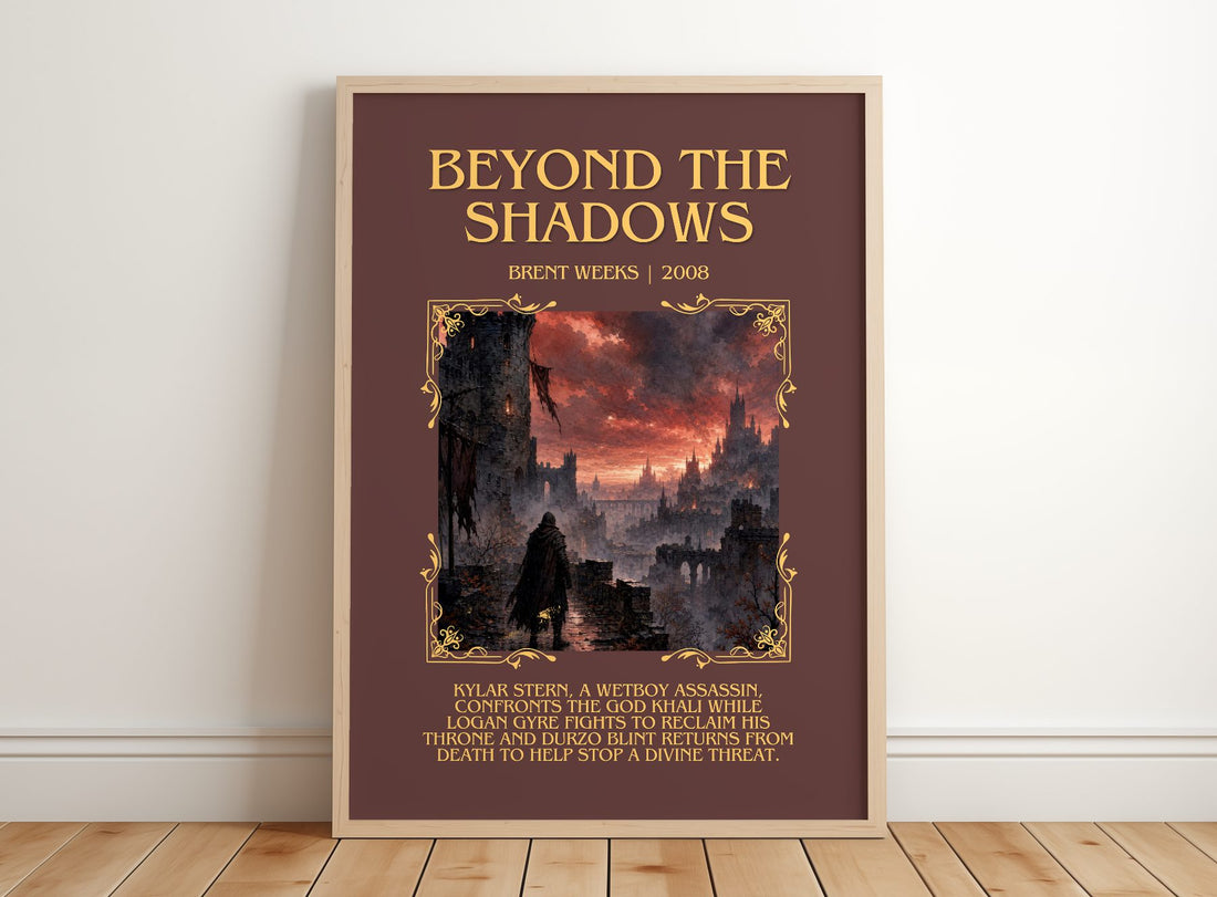 Beyond the Shadows Minimalist Book Poster by Brent Weeks – framed print leaning on a wooden floor