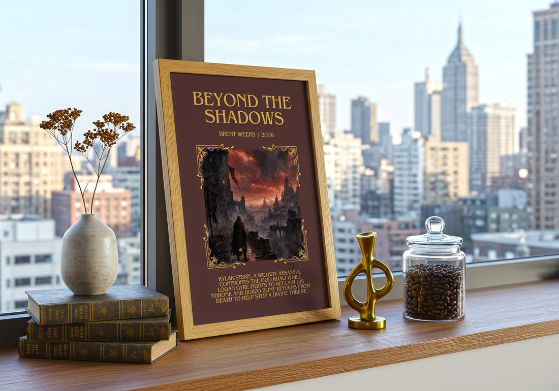 Beyond the Shadows Minimalist Book Poster by Brent Weeks – framed print on a city-view windowsill
