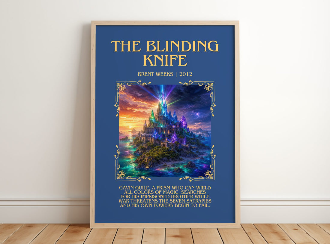 The Blinding Knife Minimalist Book Poster by Brent Weeks – framed print leaning on a wooden floor