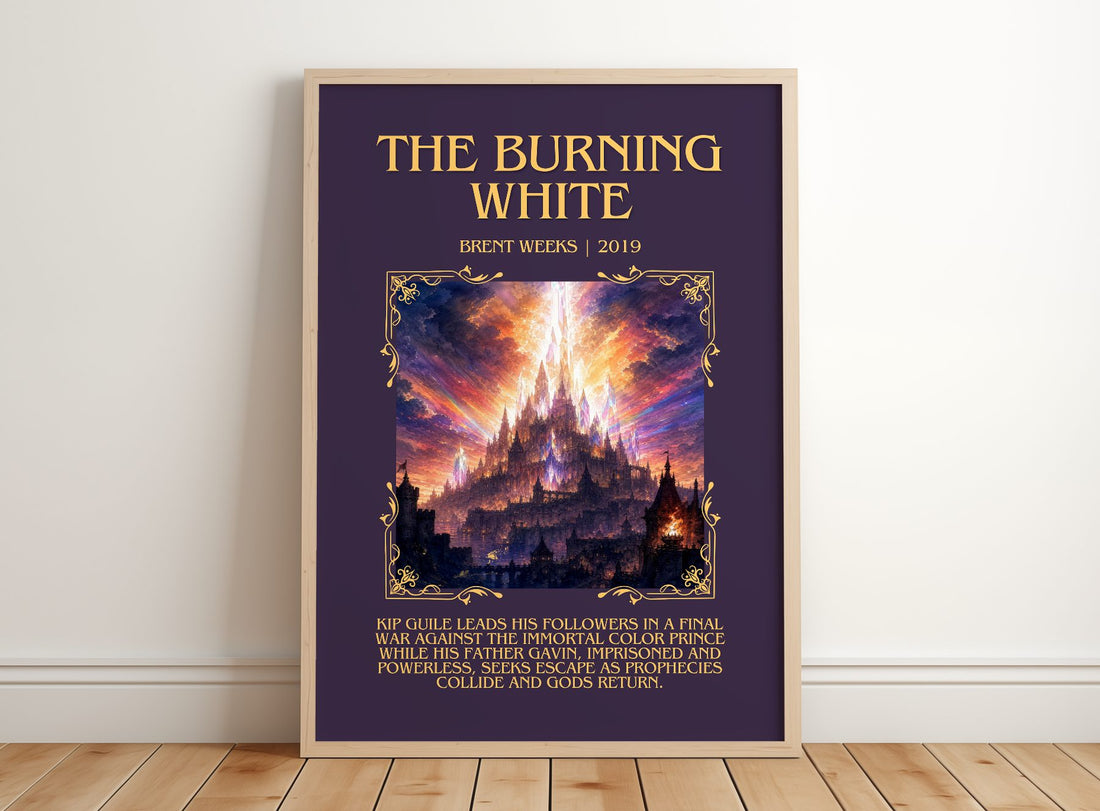 The Burning White Minimalist Book Poster by Brent Weeks – framed print leaning on a wooden floor