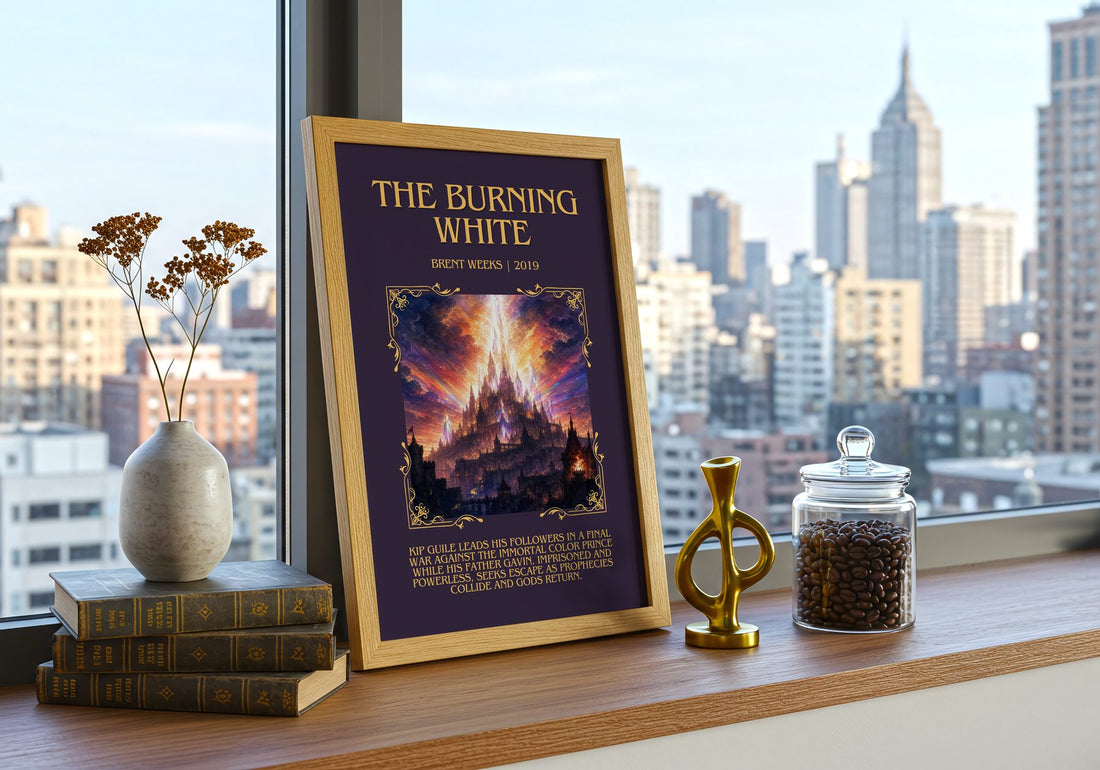 The Burning White Minimalist Book Poster by Brent Weeks – framed print on a city-view windowsill