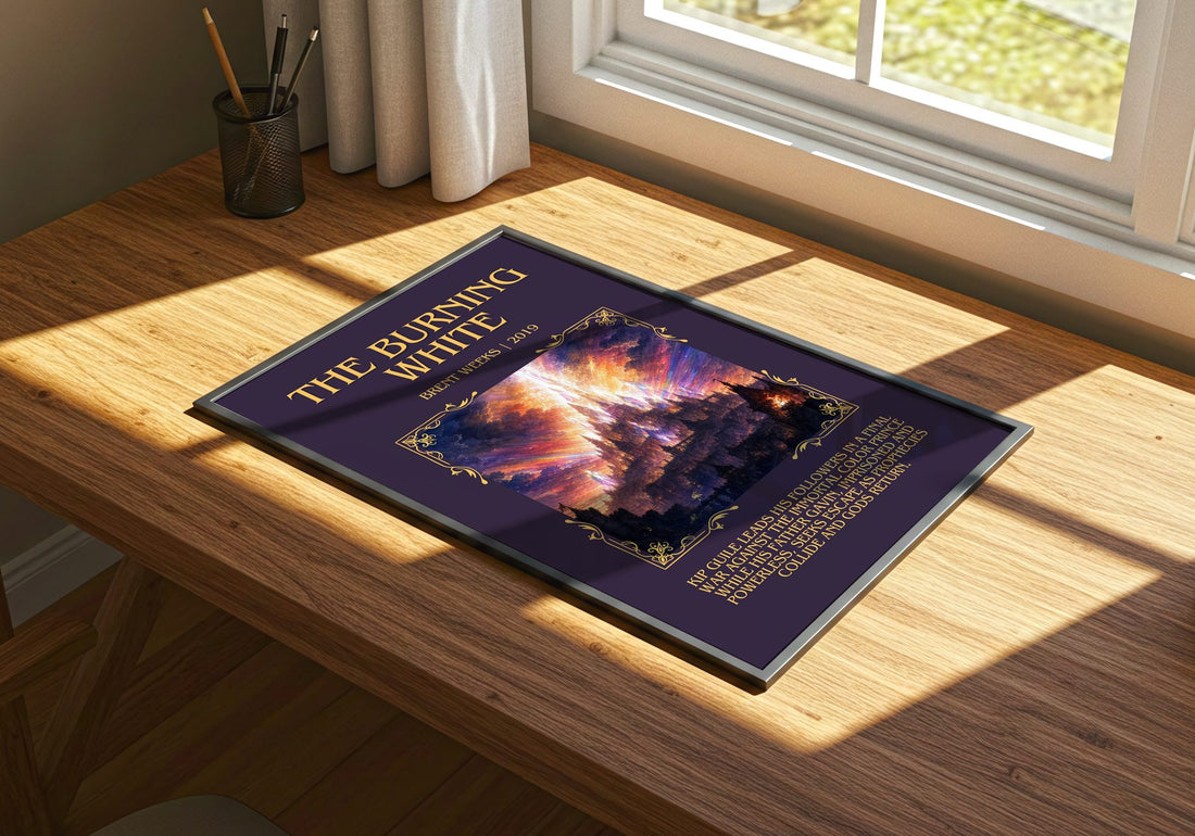 The Burning White Minimalist Book Poster by Brent Weeks – print on a sunlit desk