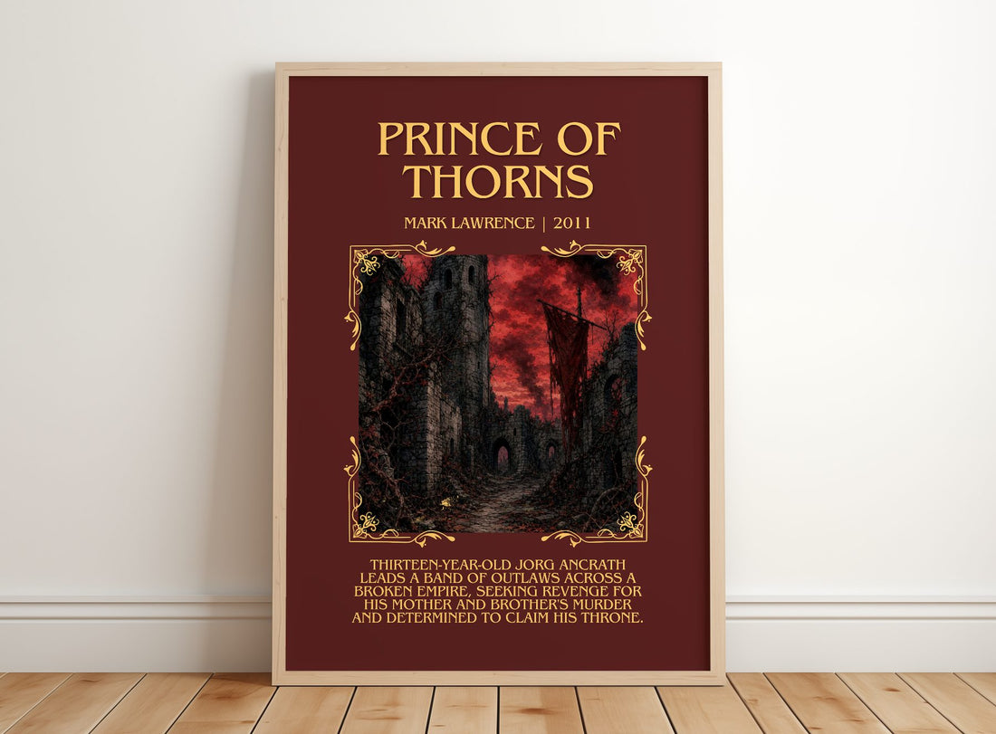 Prince of Thorns Minimalist Book Poster by Mark Lawrence – framed print leaning on a wooden floor