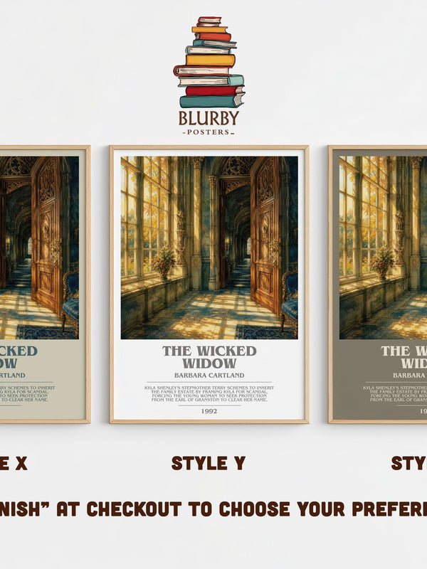 The Wicked Widow bookish print in frame leaning in hallway – romance wall art