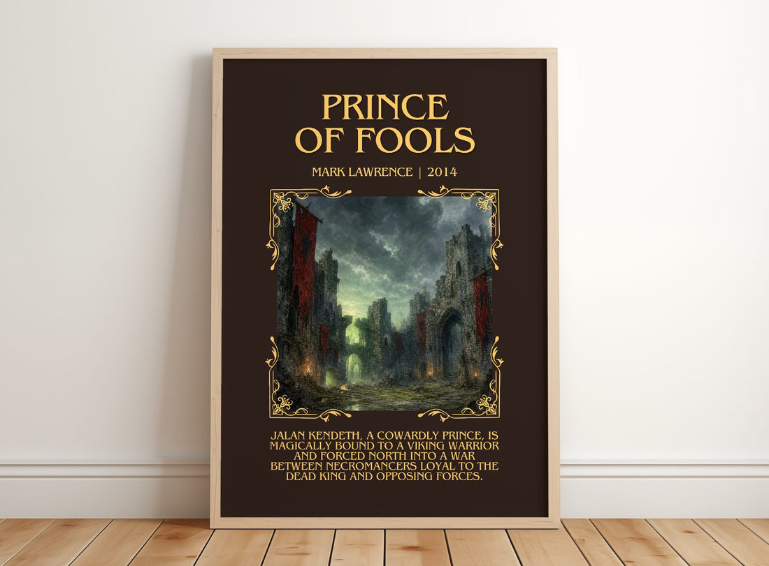 Prince of Fools Minimalist Book Poster by Mark Lawrence – framed print leaning on a wooden floor