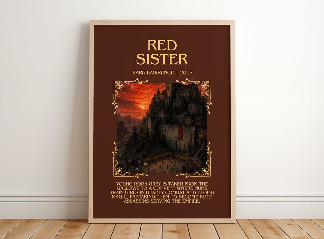 Red Sister Minimalist Book Poster by Mark Lawrence – framed print leaning on a wooden floor