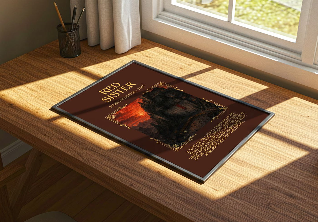 Red Sister Minimalist Book Poster by Mark Lawrence – print on a sunlit desk