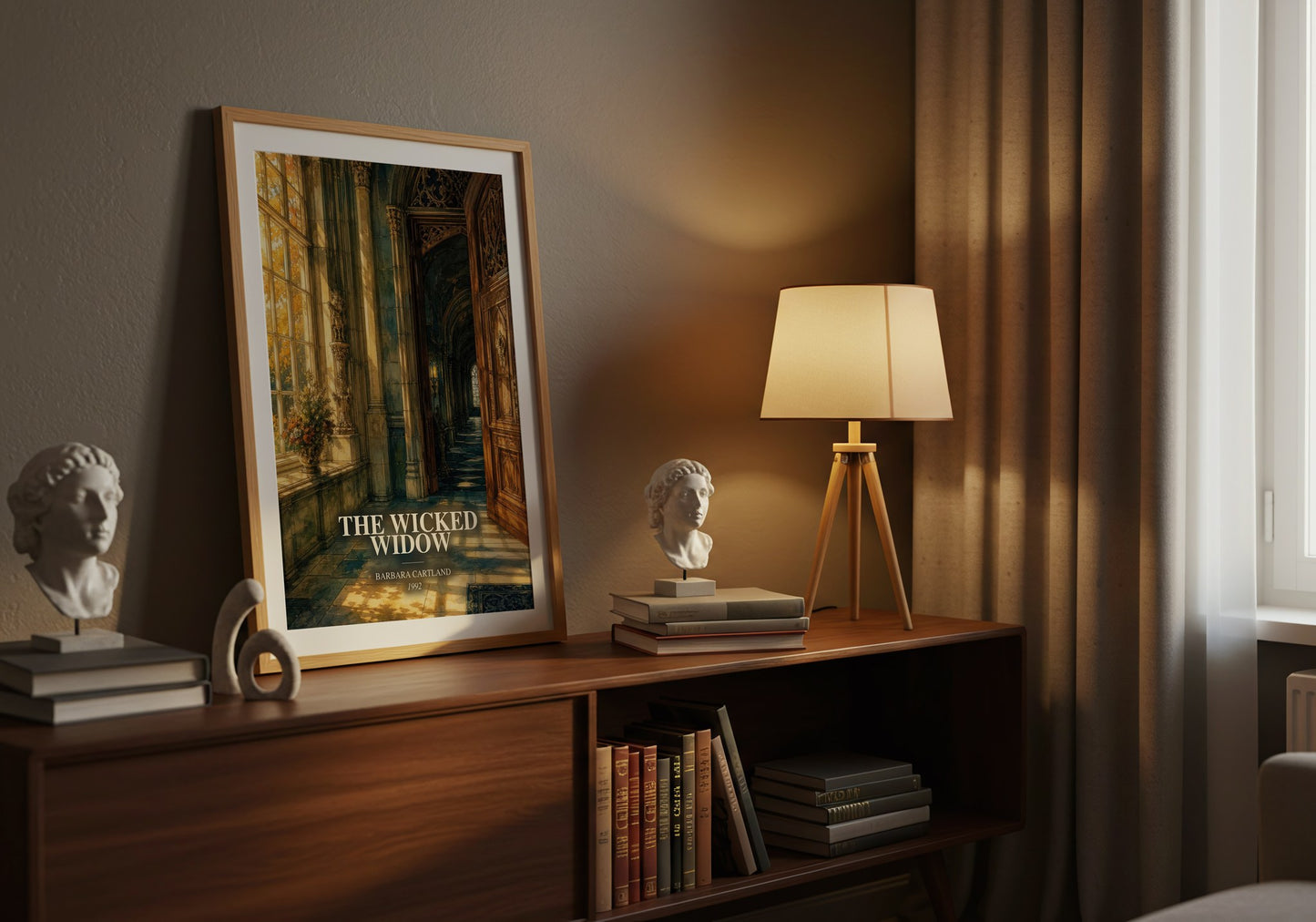 The Wicked Widow watercolour print on bookshelf – Barbara Cartland fan gift