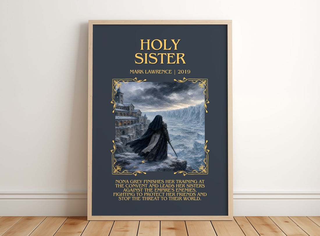 Holy Sister Minimalist Book Poster by Mark Lawrence – framed print leaning on a wooden floor
