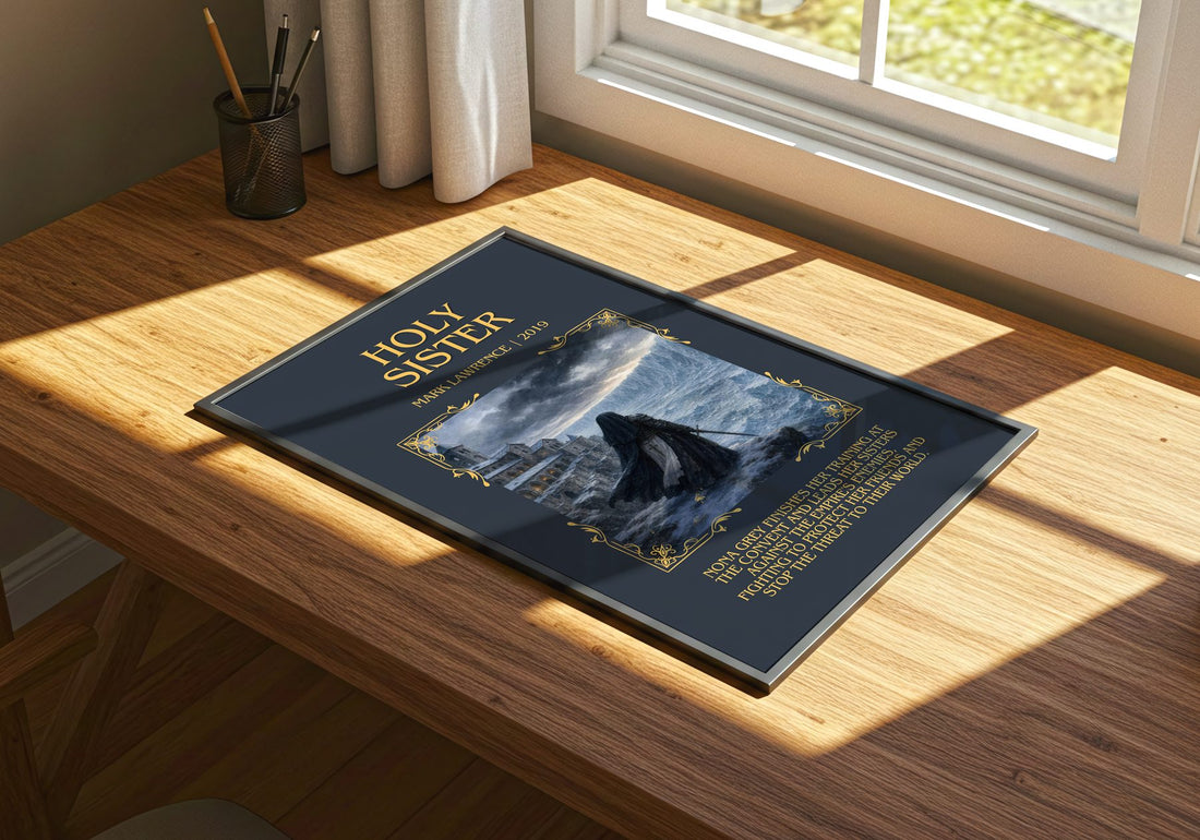Holy Sister Minimalist Book Poster by Mark Lawrence – print on a sunlit desk