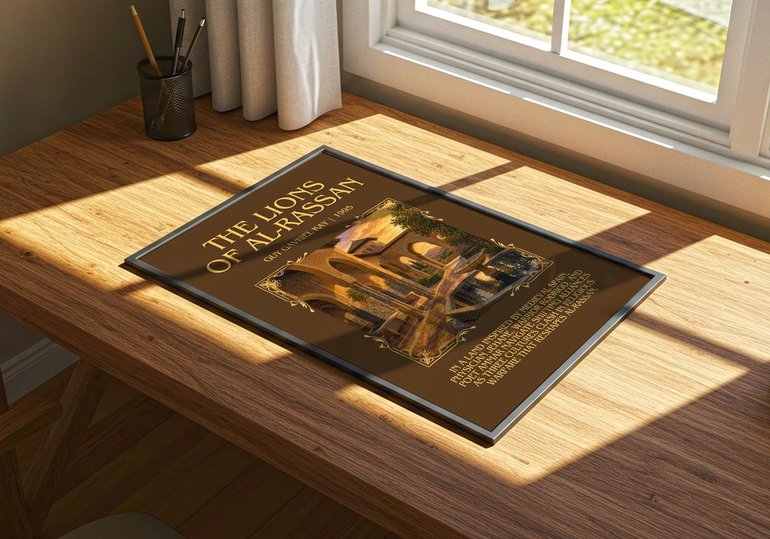 The Lions of Al-Rassan Minimalist Book Poster by Guy Gavriel Kay – print on a sunlit desk