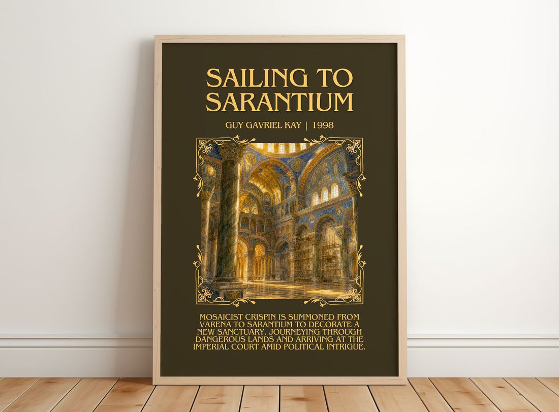Sailing to Sarantium Minimalist Book Poster by Guy Gavriel Kay – framed print leaning on a wooden floor