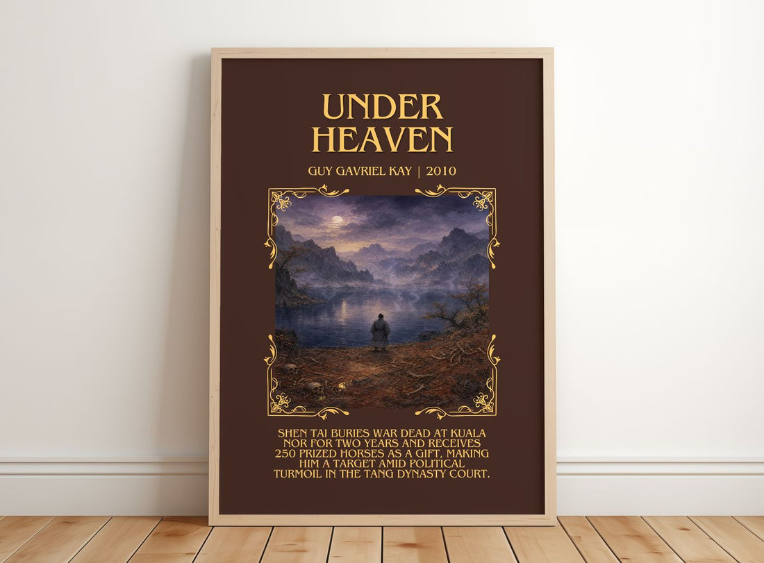 Under Heaven Minimalist Book Poster by Guy Gavriel Kay – framed print leaning on a wooden floor
