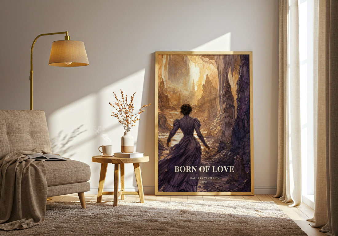 Born Of Love watercolour print in frame leaning in hallway – romance wall art (mockup)