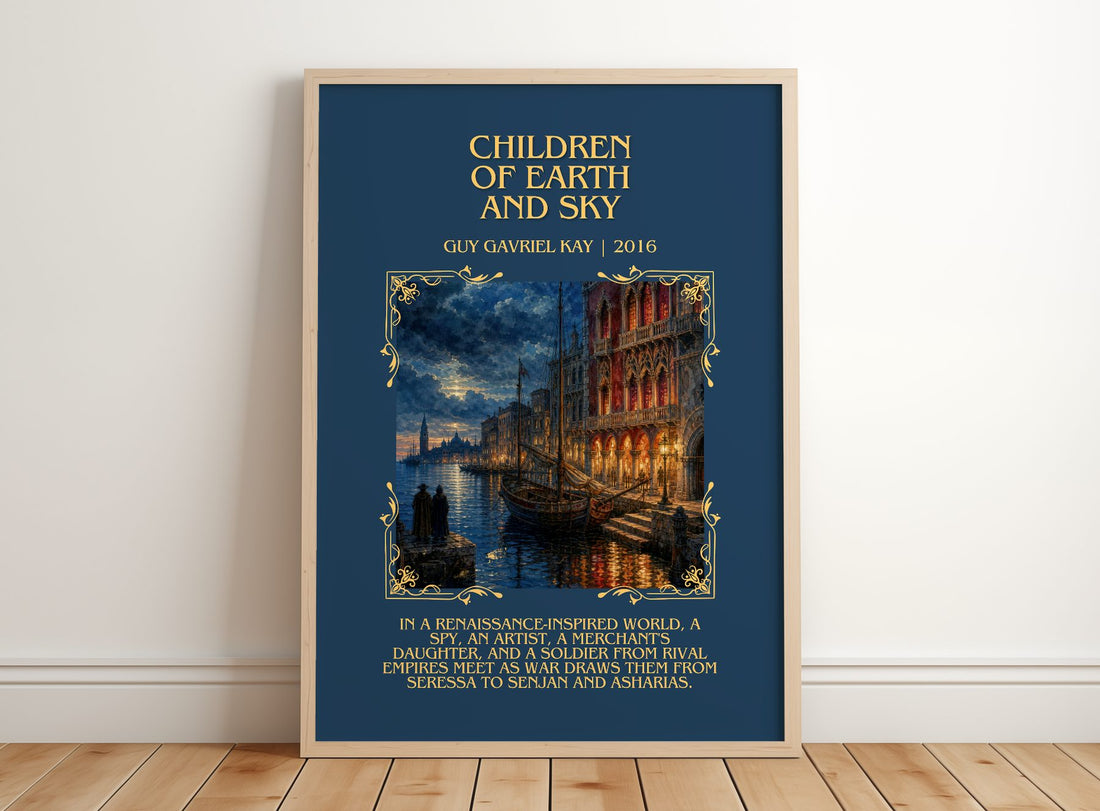 Children of Earth and Sky Minimalist Book Poster by Guy Gavriel Kay – framed print leaning on a wooden floor