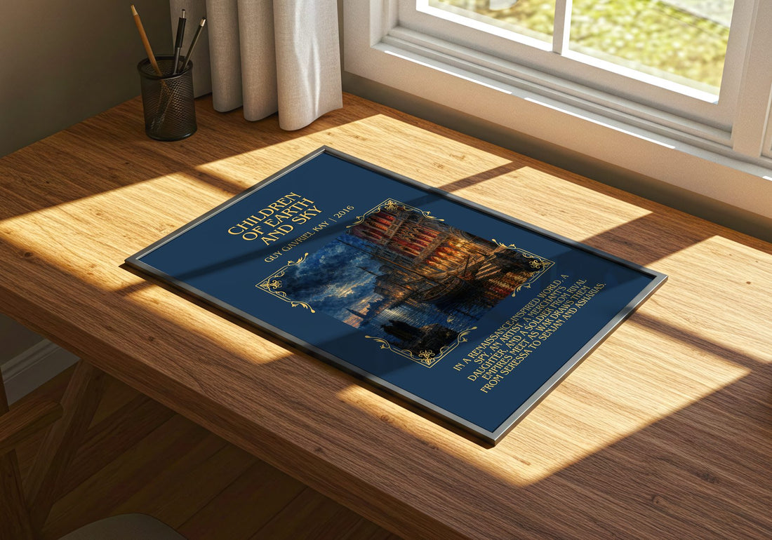 Children of Earth and Sky Minimalist Book Poster by Guy Gavriel Kay – print on a sunlit desk
