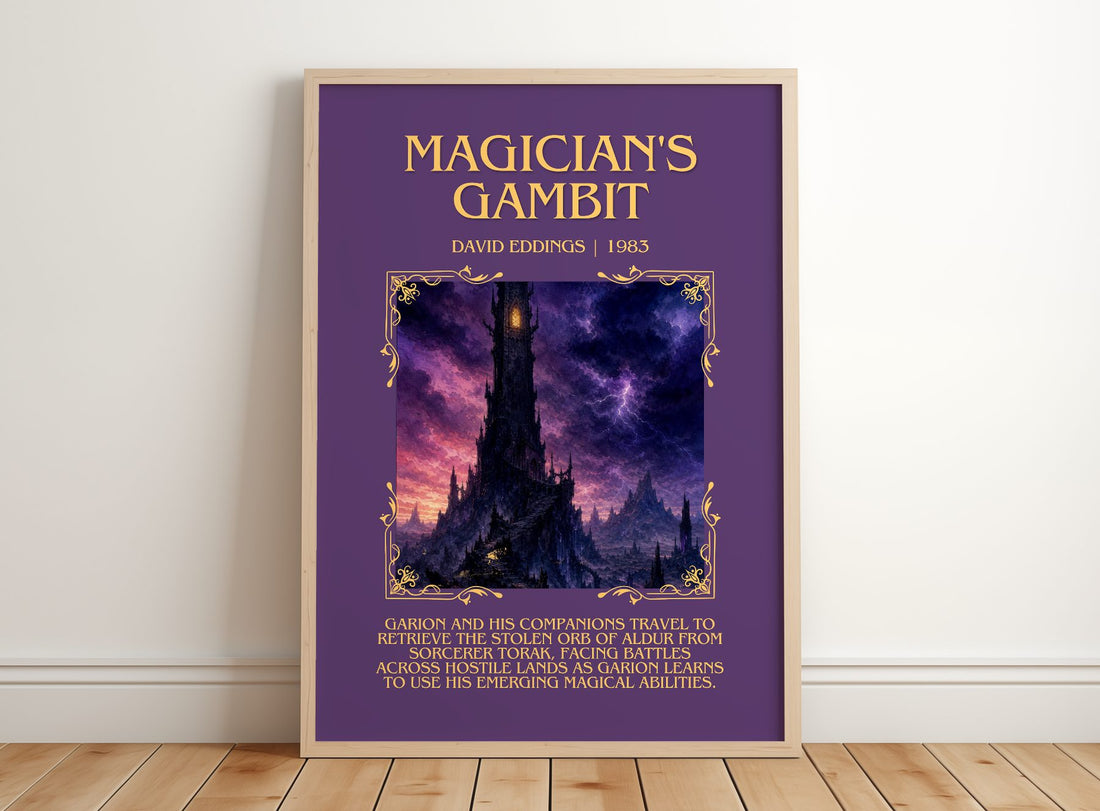 Magician's Gambit Minimalist Book Poster by David Eddings – framed print leaning on a wooden floor