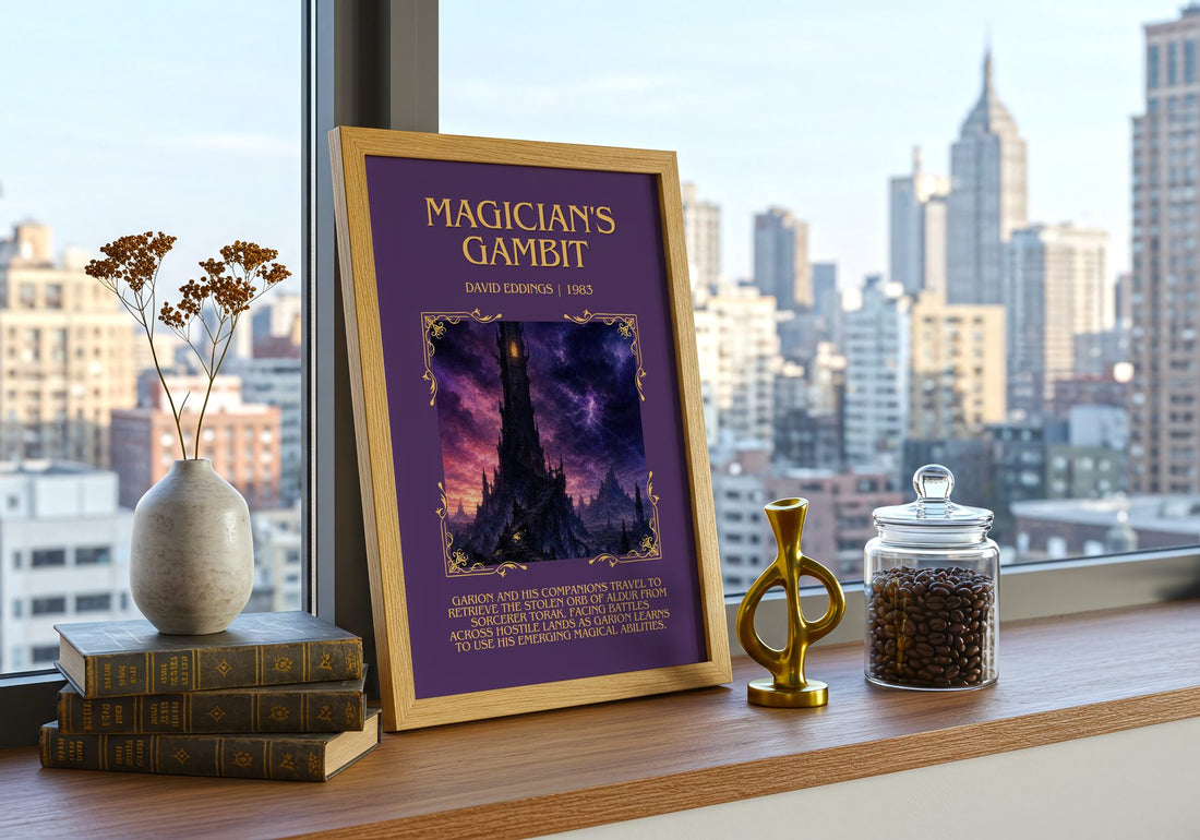 Magician's Gambit Minimalist Book Poster by David Eddings – framed print on a city-view windowsill
