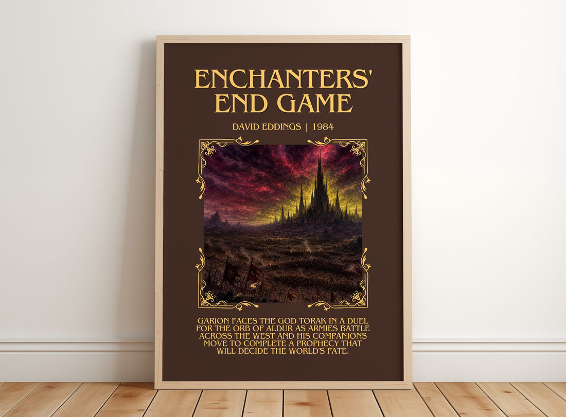 Enchanters' End Game Minimalist Book Poster by David Eddings – framed print leaning on a wooden floor