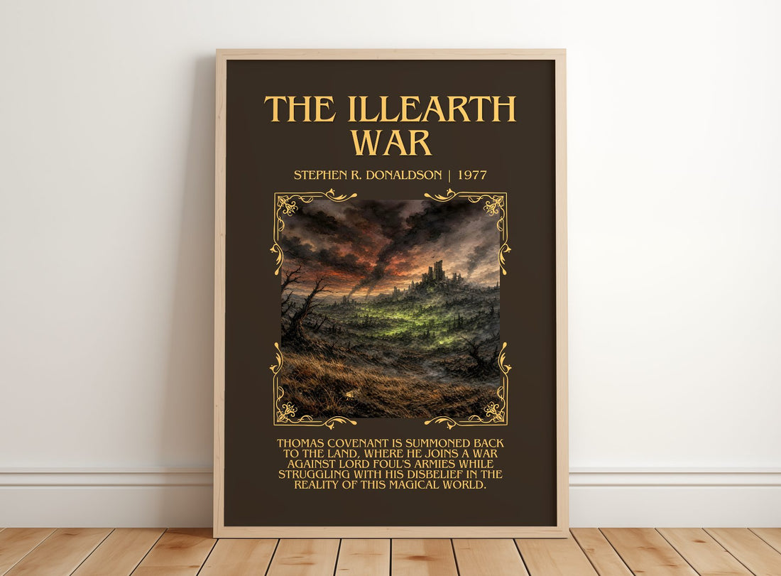 The Illearth War Minimalist Book Poster by Stephen R. Donaldson – framed print leaning on a wooden floor