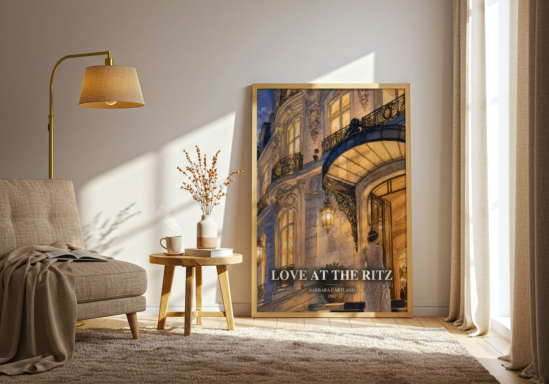 Love At The Ritz watercolour print in frame leaning in hallway – romance wall art (mockup)