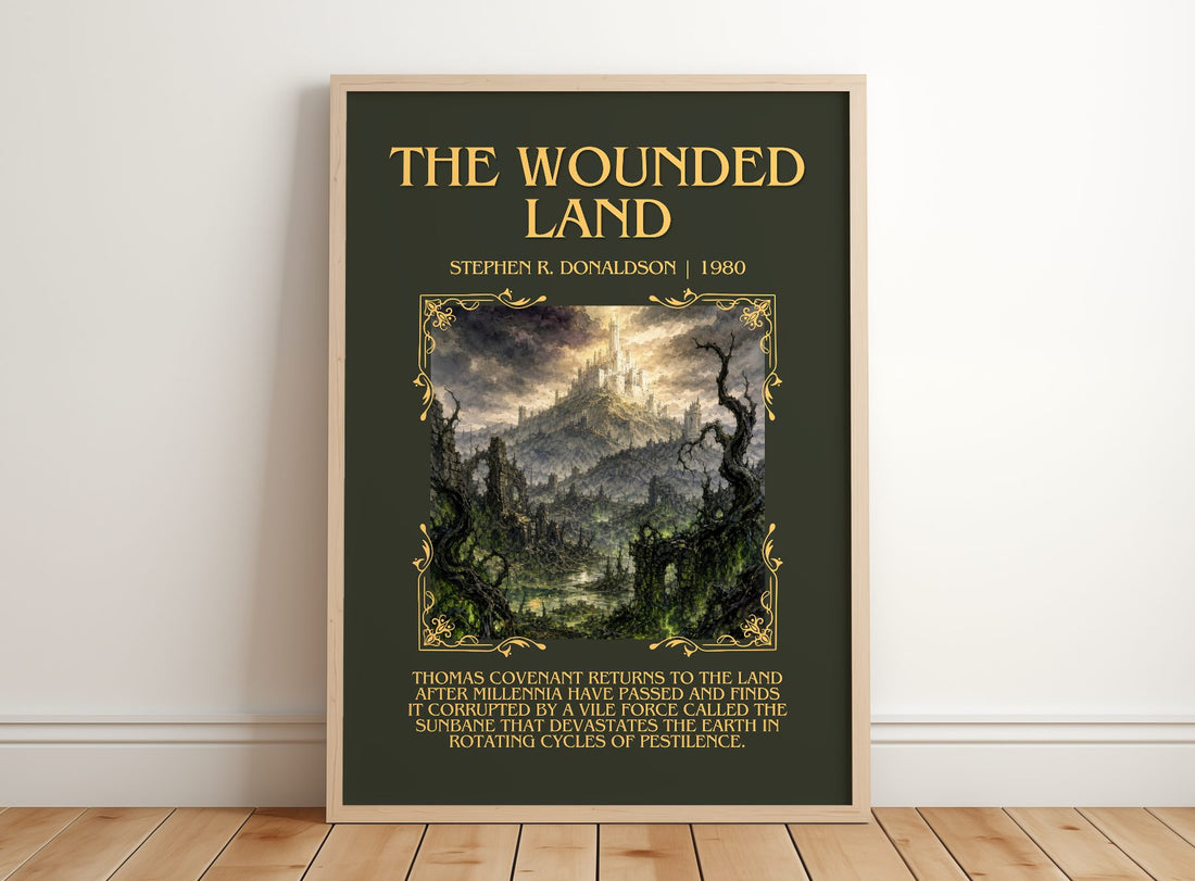 The Wounded Land Minimalist Book Poster by Stephen R. Donaldson – framed print leaning on a wooden floor
