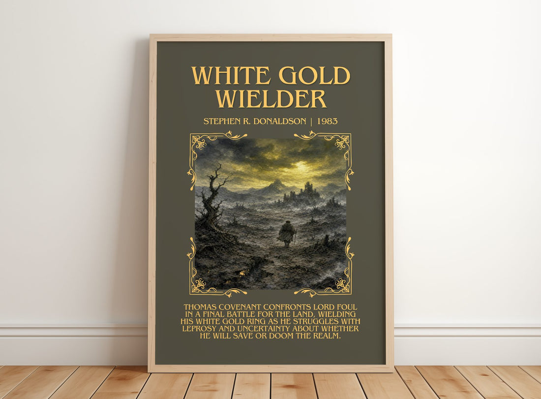 White Gold Wielder Minimalist Book Poster by Stephen R. Donaldson – framed print leaning on a wooden floor