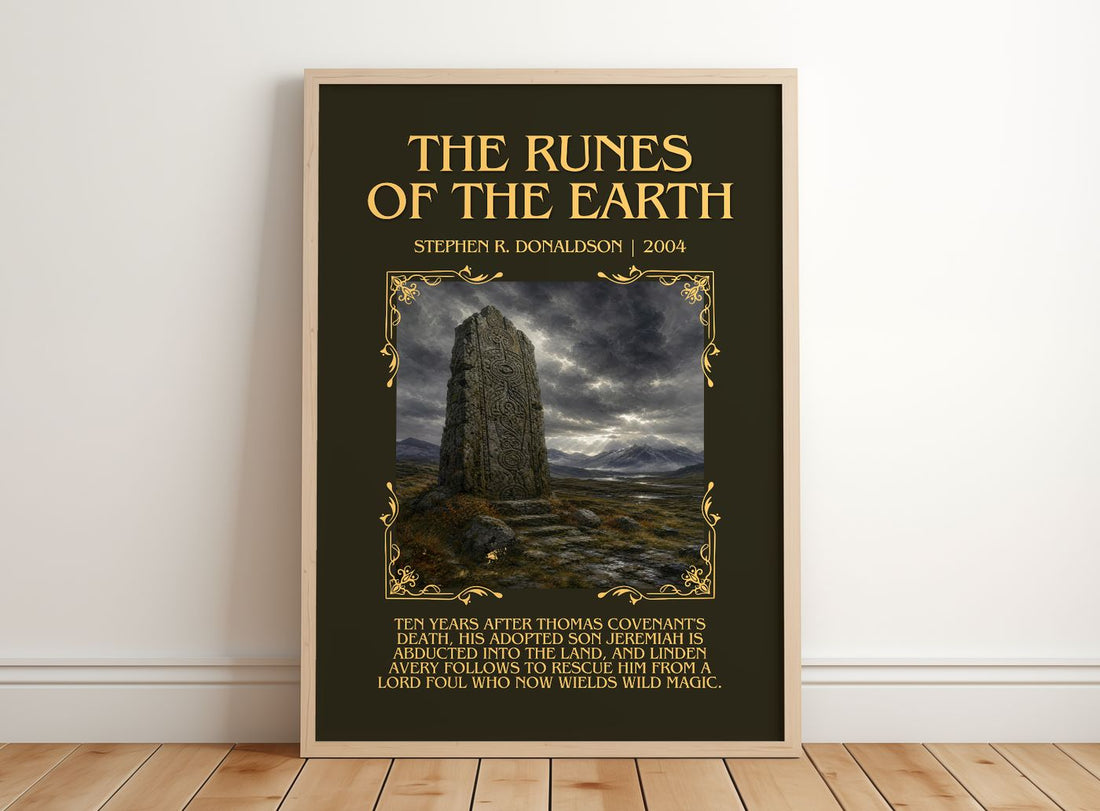 The Runes of the Earth Minimalist Book Poster by Stephen R. Donaldson – framed print leaning on a wooden floor