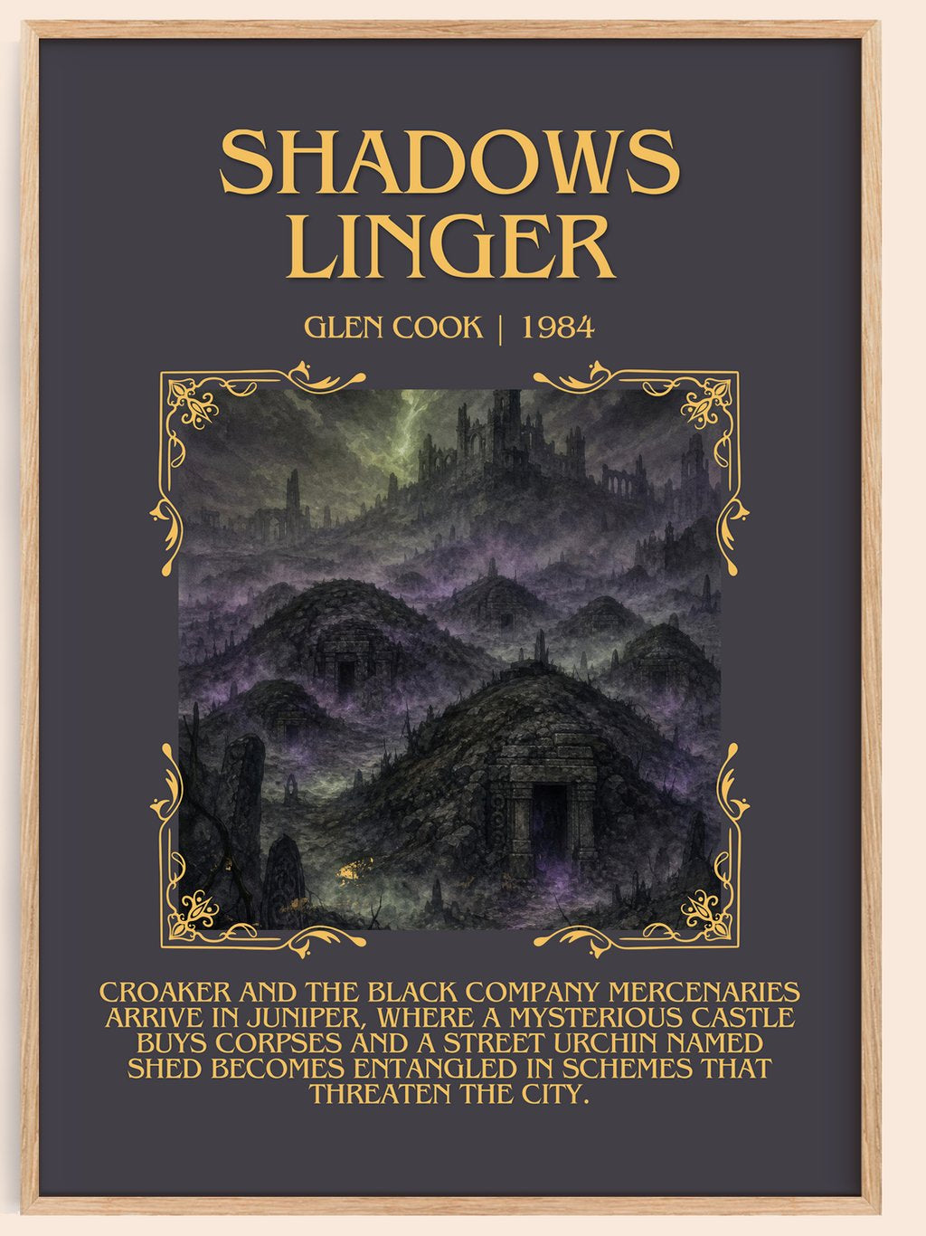 Shadows Linger Minimalist Book Poster by Glen Cook – book poster