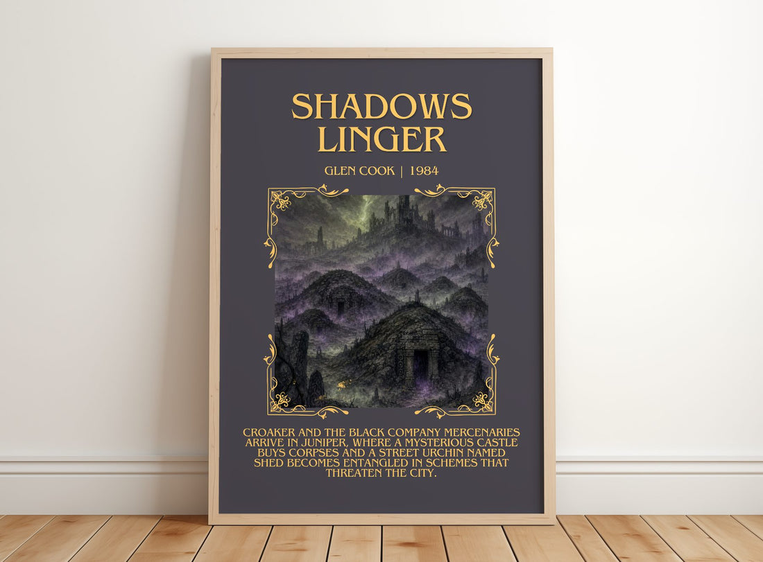 Shadows Linger Minimalist Book Poster by Glen Cook – framed print leaning on a wooden floor