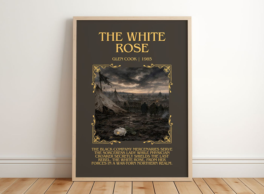 The White Rose Minimalist Book Poster by Glen Cook – framed print leaning on a wooden floor
