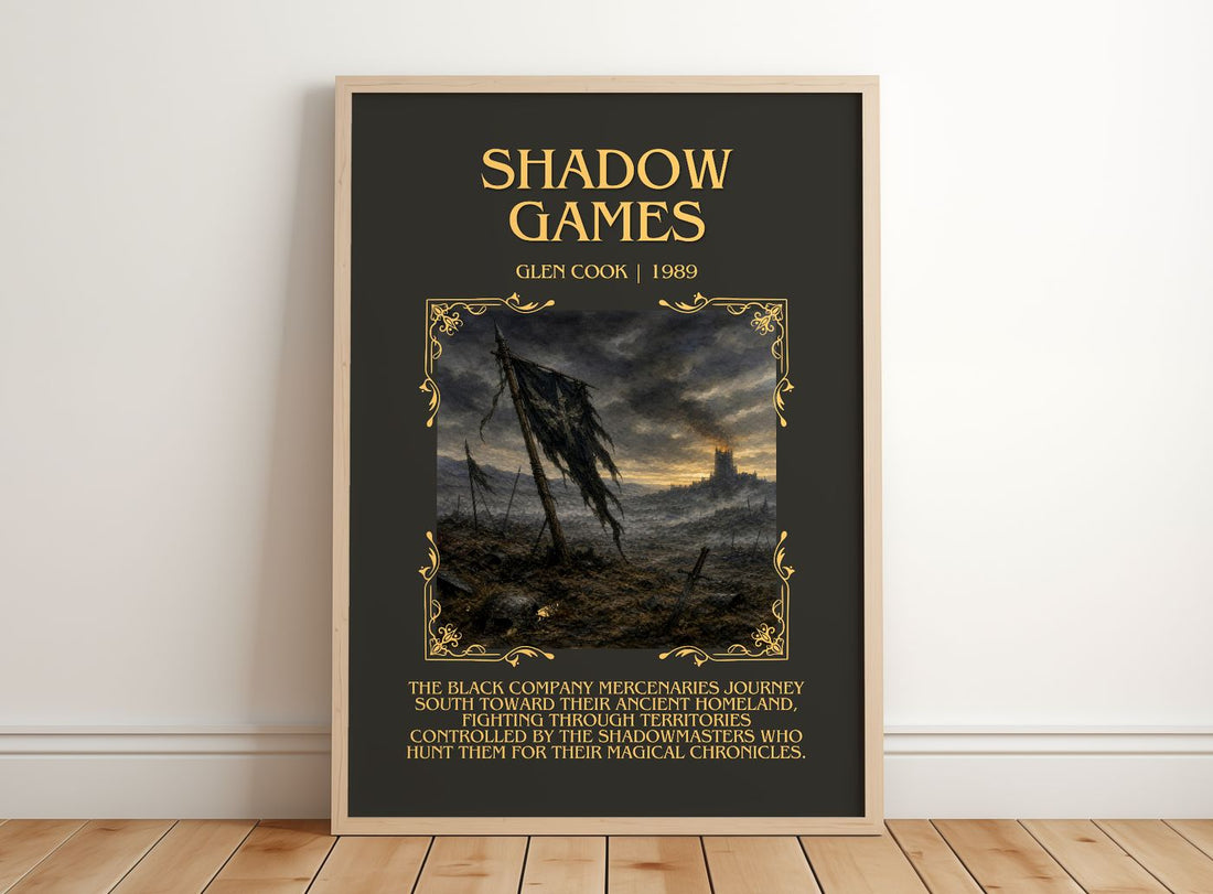 Shadow Games Minimalist Book Poster by Glen Cook – framed print leaning on a wooden floor