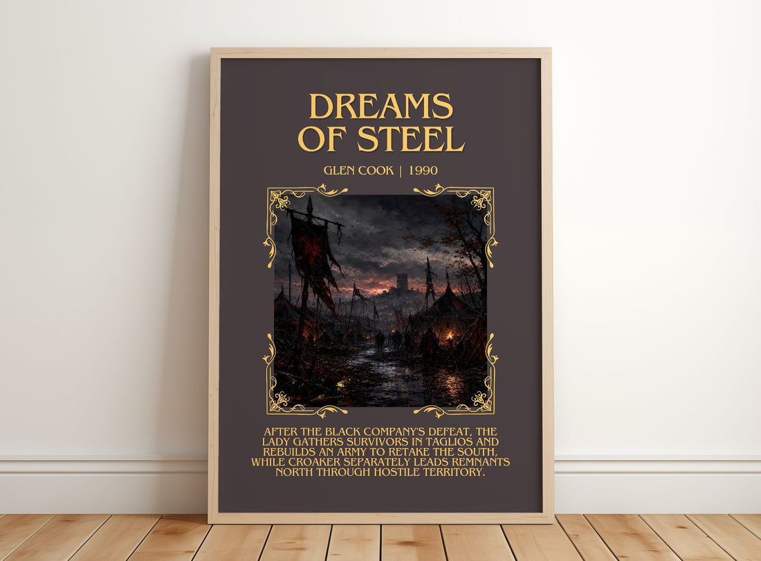 Dreams of Steel Minimalist Book Poster by Glen Cook – framed print leaning on a wooden floor