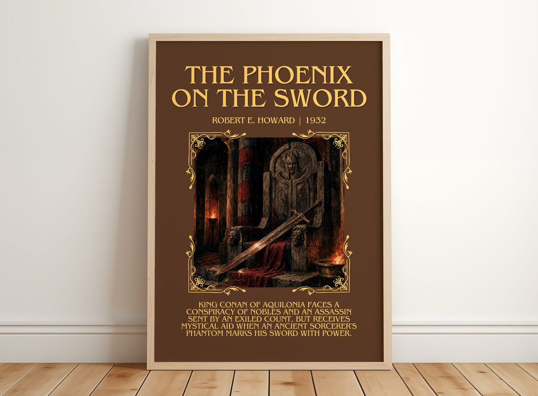The Phoenix on the Sword Minimalist Book Poster by Robert E. Howard – framed print leaning on a wooden floor